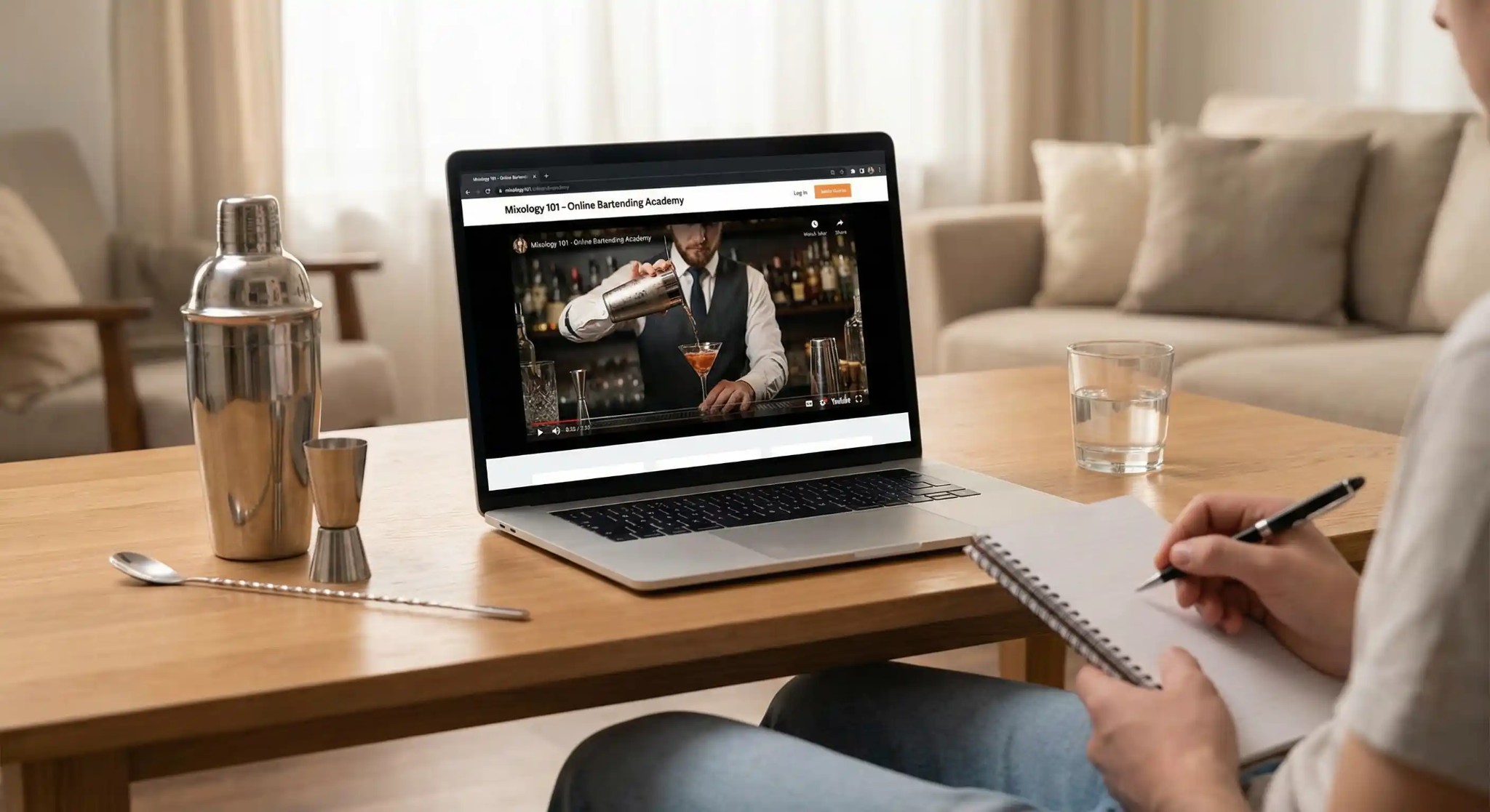 Professional bar tools layout used in a bartending course including shakers jiggers and strainers