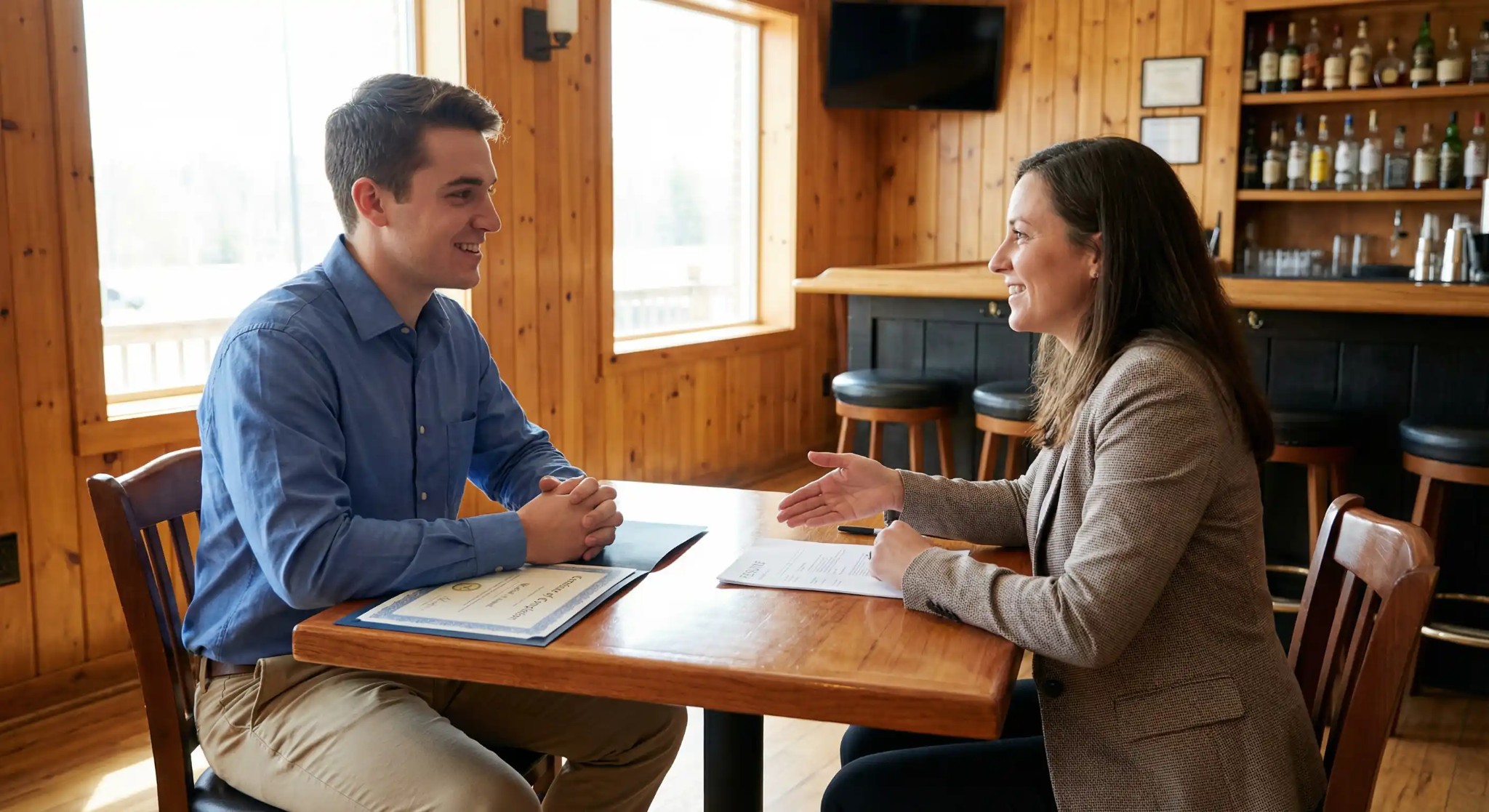 Bartending school certificate of completion on desk representing graduation from bartending school