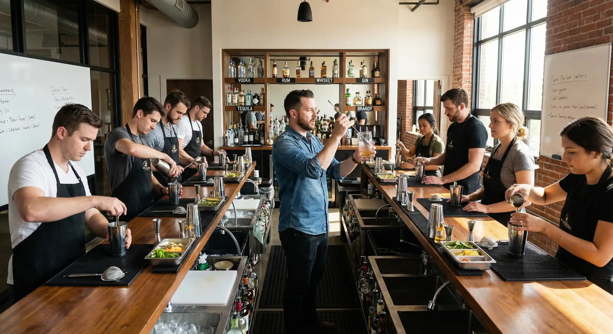 Student studying online bartending school course on laptop at home with bar tools nearby